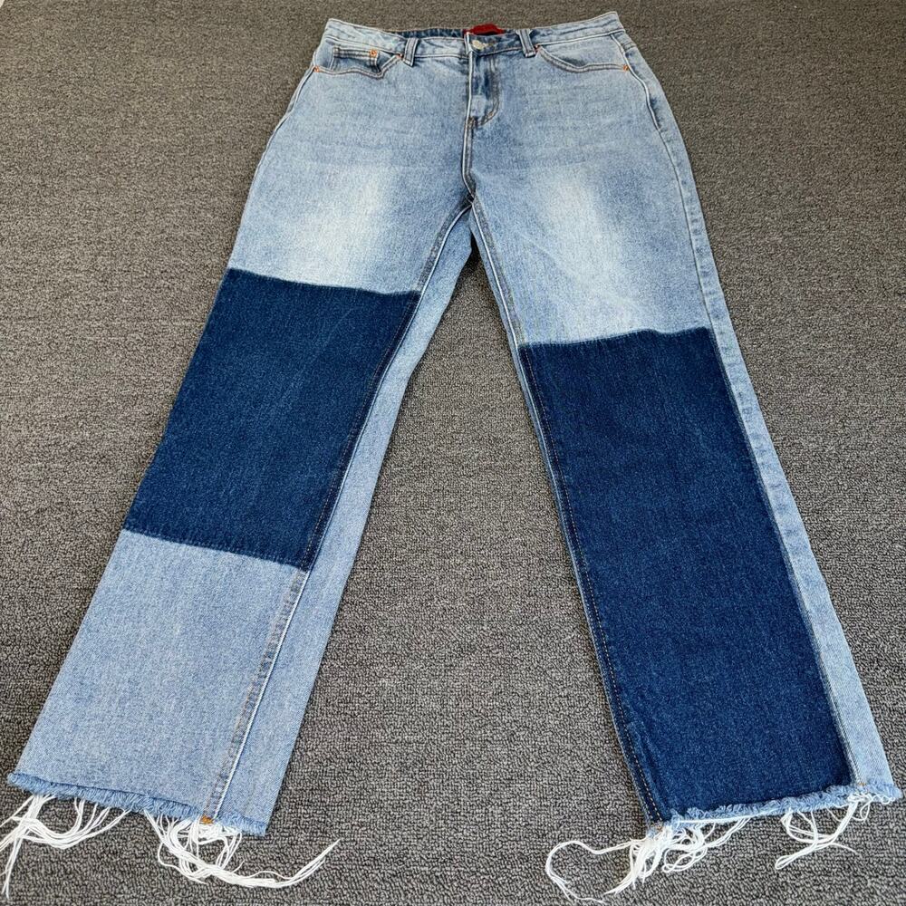Signature 8 Patchwork Jeans Washed Blue Bootcut Cropped Raw Hem Size Large